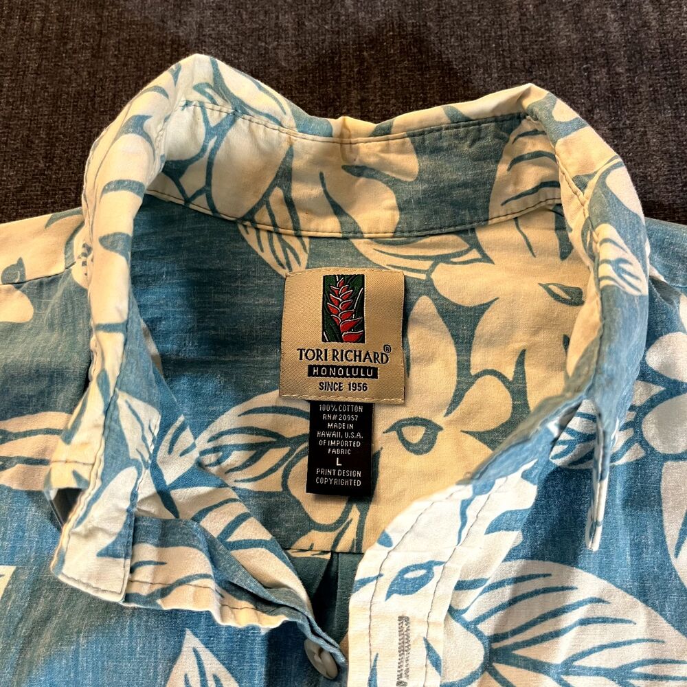 VTG Tori Richard Shirt Mens Large Blue Floral Hawaiian Aloha Made Hawaii Camp - Picture 2 of 12